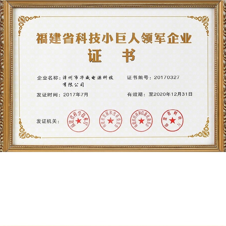 漳州市華威電源榮獲福建省“科技小巨人領軍企業”榮譽稱號。